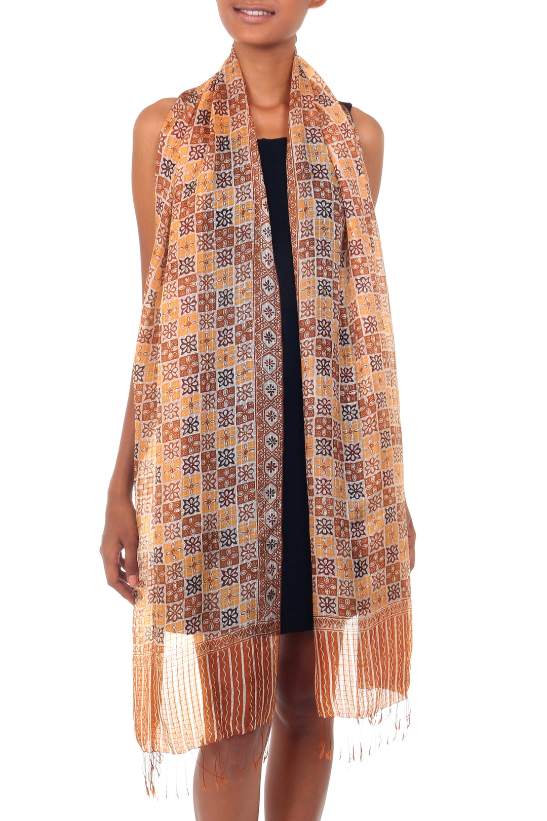 Silk batik shawl - Golden Lotus Floral