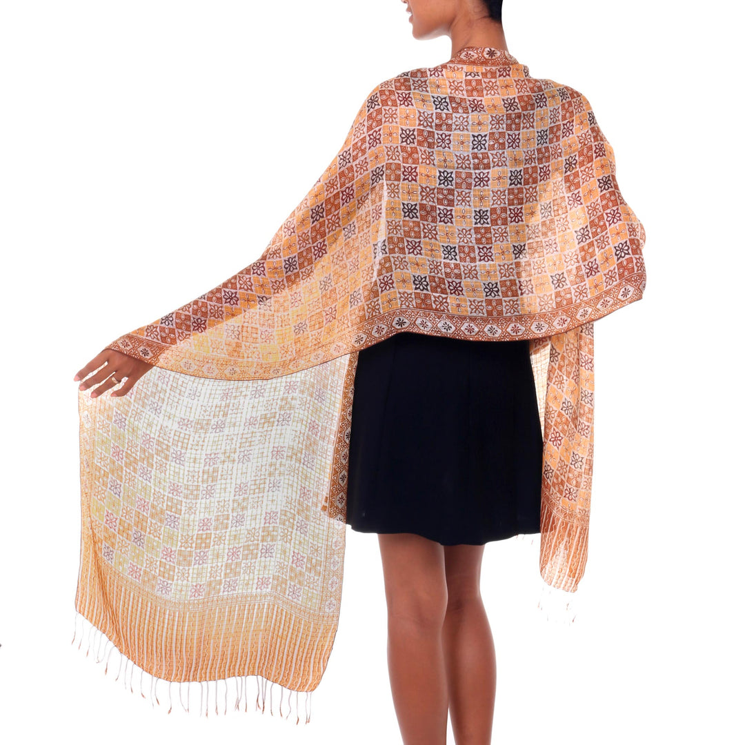 Silk batik shawl - Golden Lotus Floral