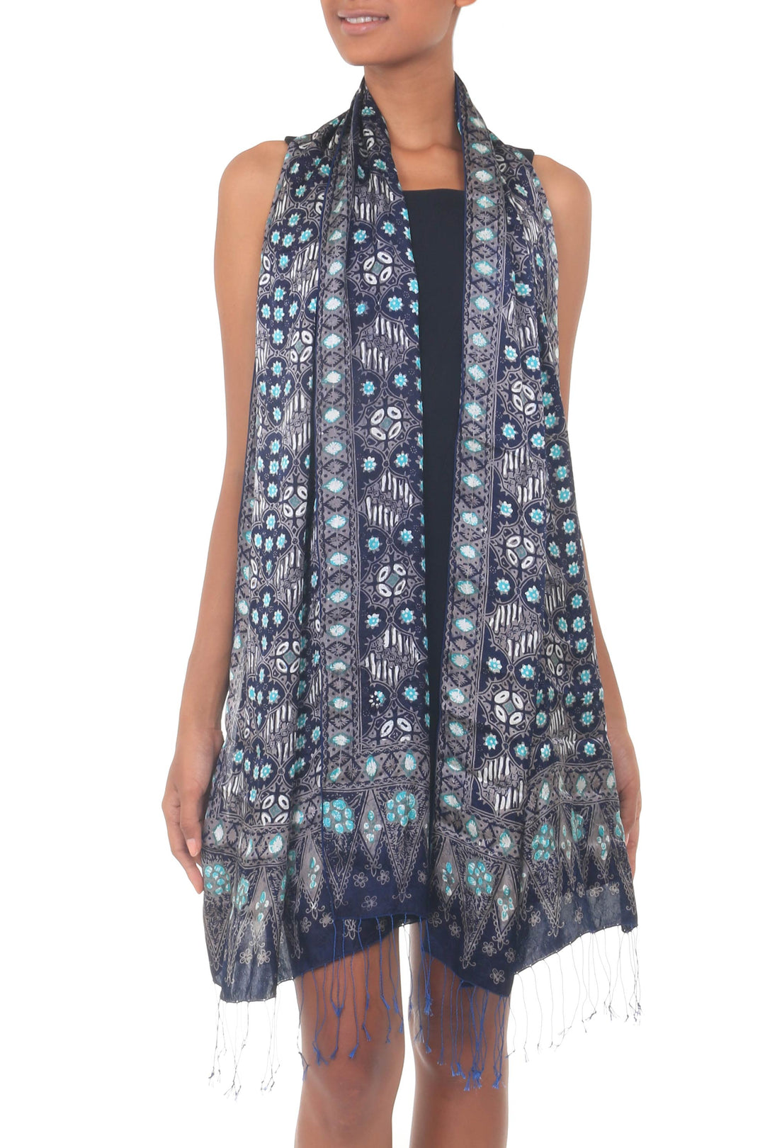 Blue Batik Silk Patterned Shawl - Royal Art