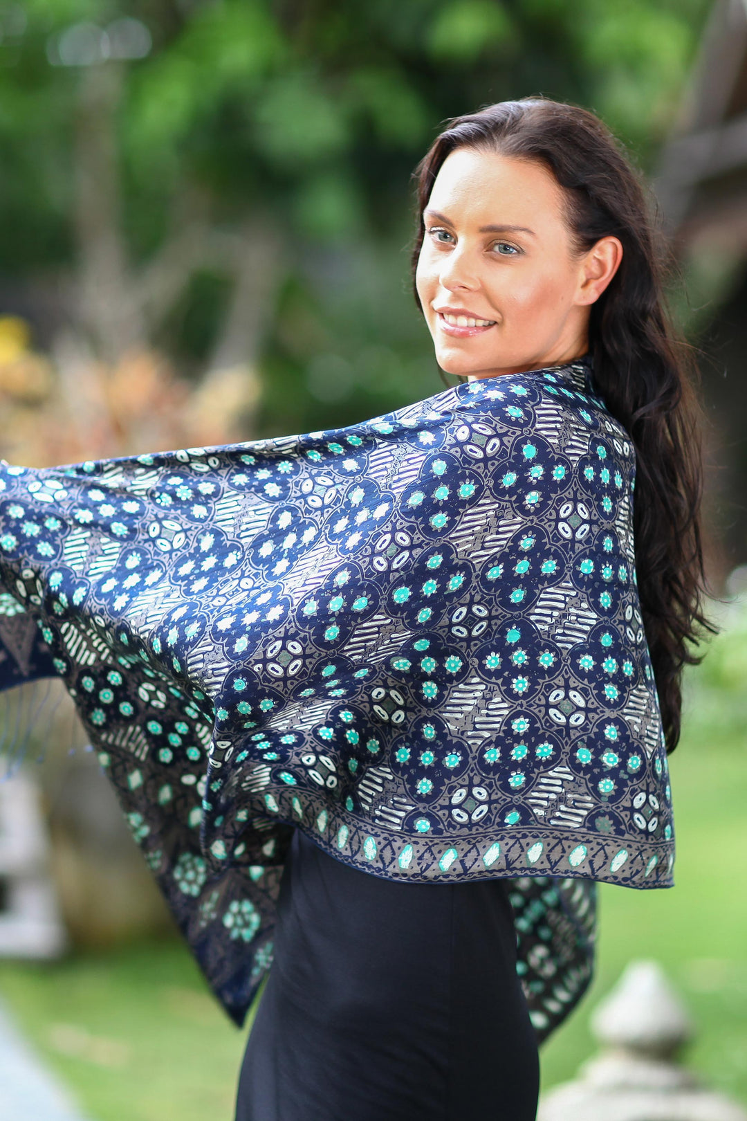 Blue Batik Silk Patterned Shawl - Royal Art