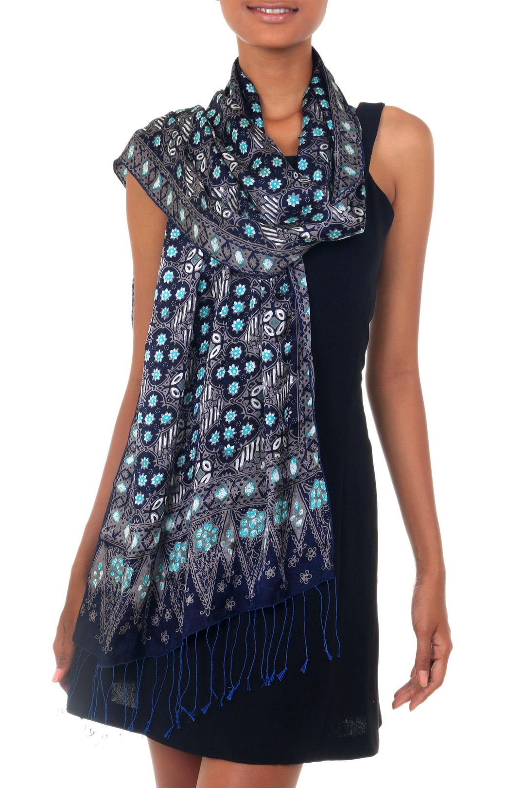 Blue Batik Silk Patterned Shawl - Royal Art