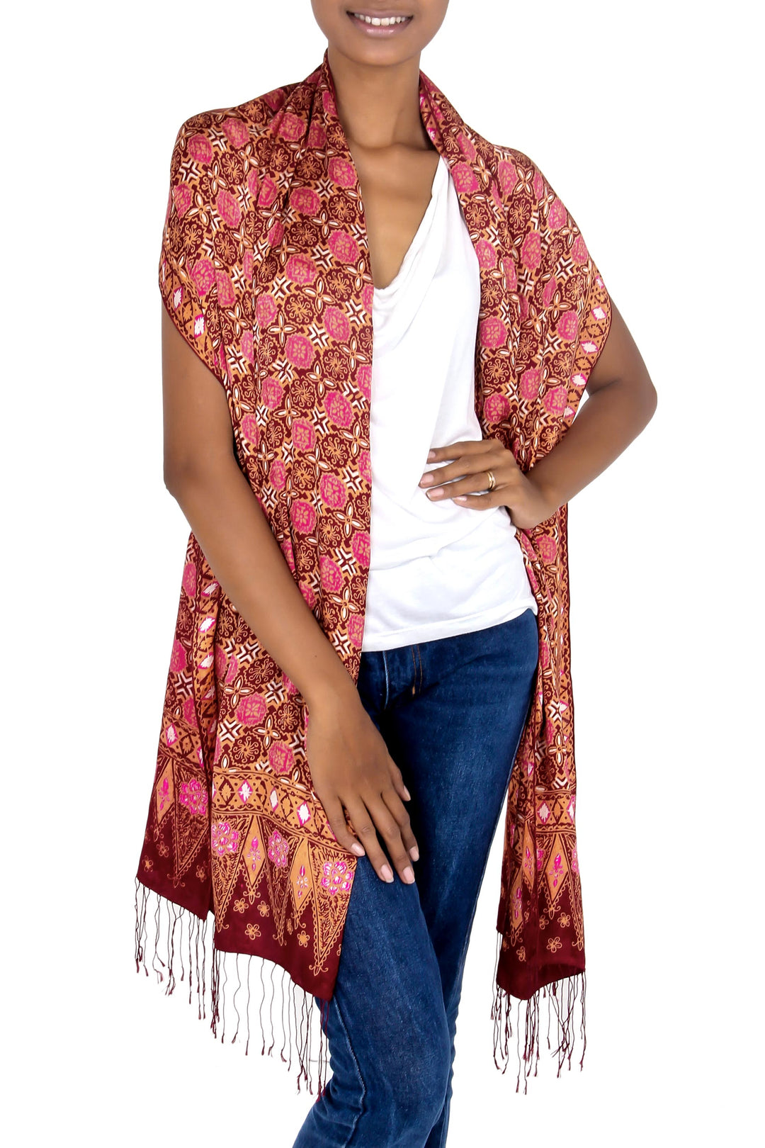 Red Silk Batik Shawl Wrap - Java Crimson Court