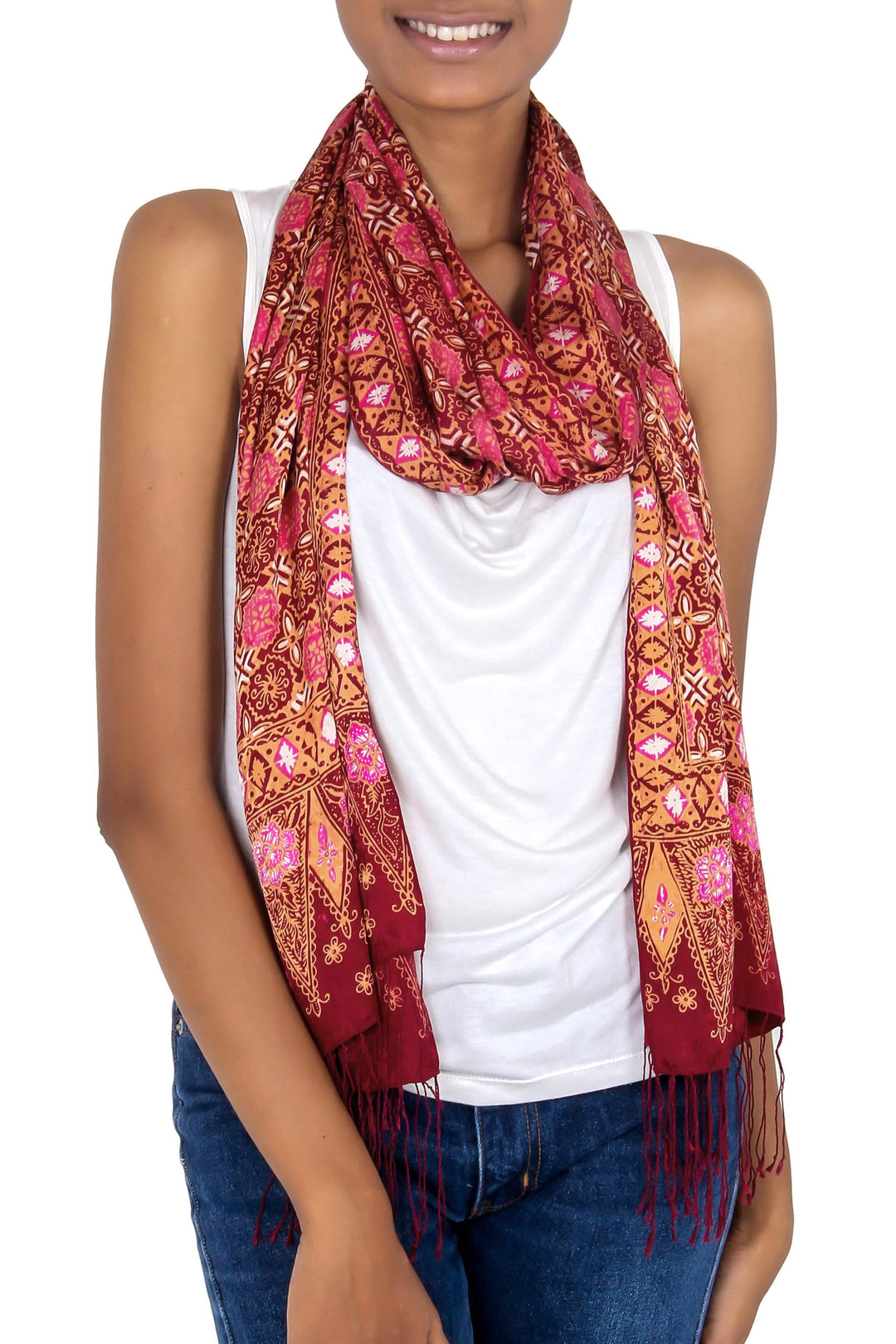 Red Silk Batik Shawl Wrap - Java Crimson Court