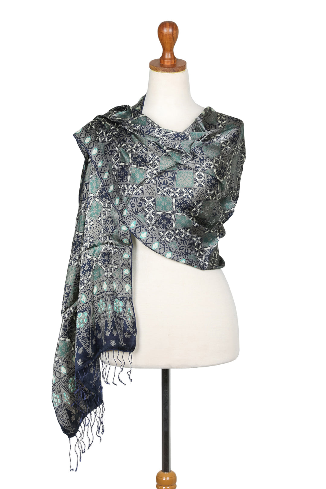 Fair Trade Batik Silk Patterned Blue Shawl - Java Starlight