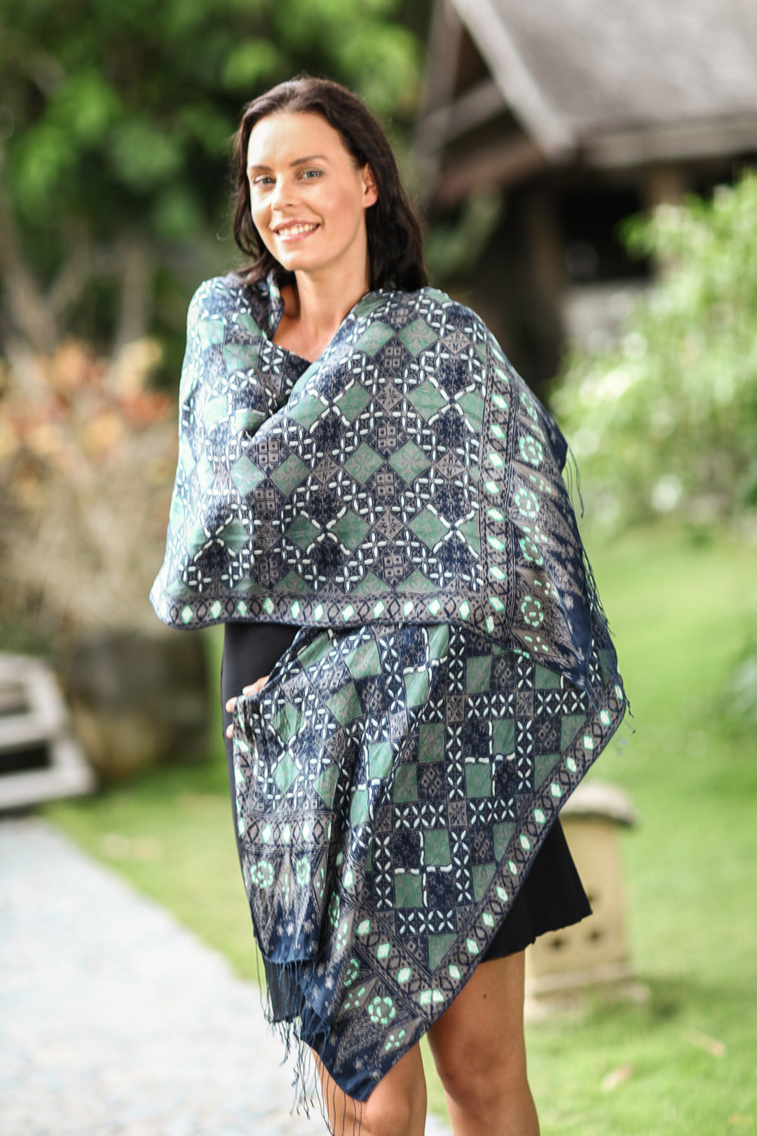 Fair Trade Batik Silk Patterned Blue Shawl - Java Starlight