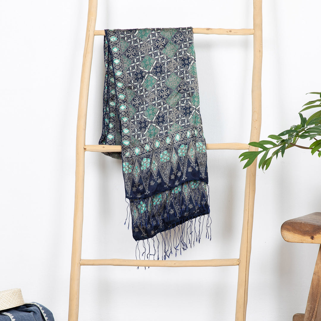 Fair Trade Batik Silk Patterned Blue Shawl - Java Starlight