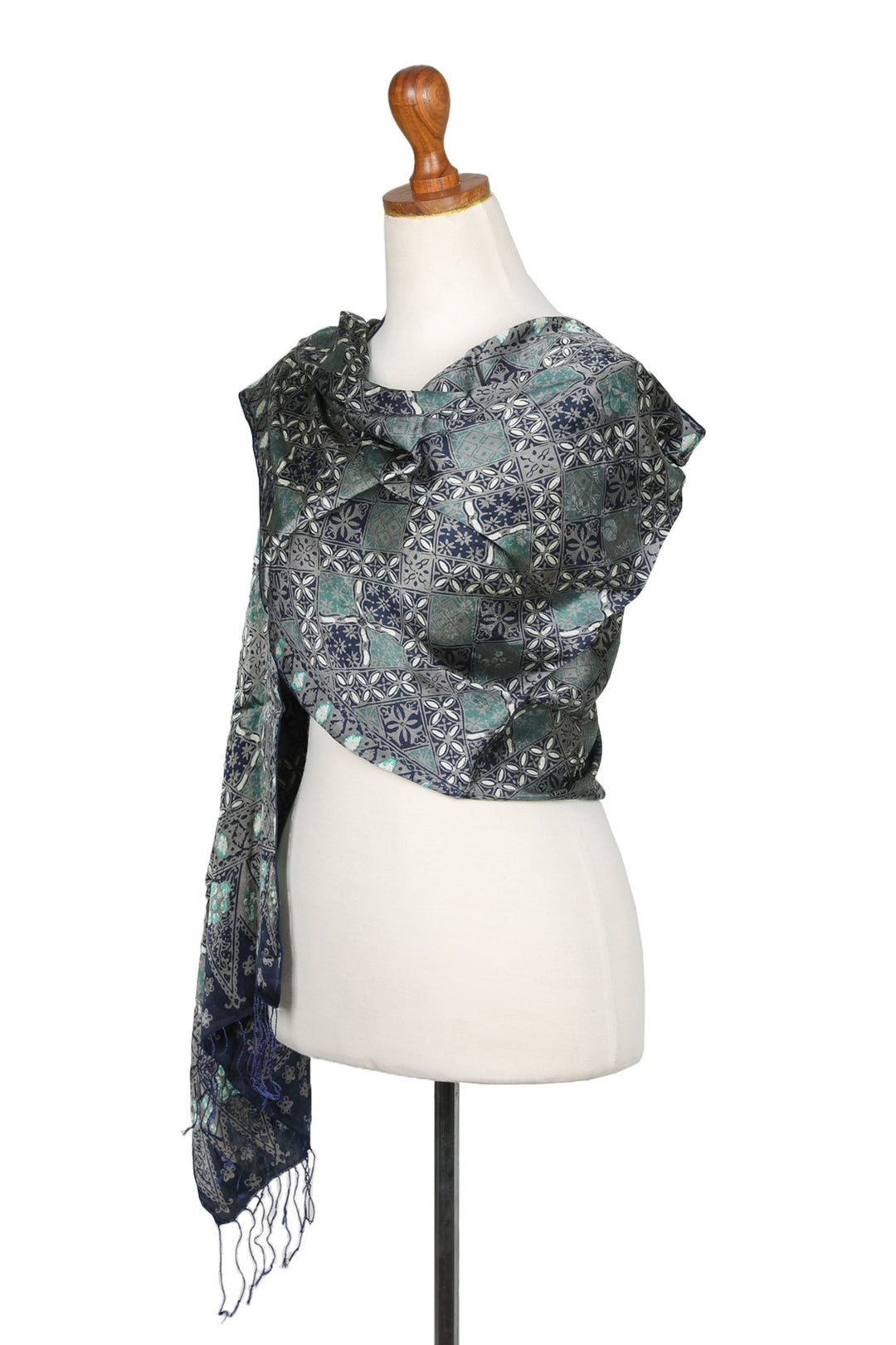 Fair Trade Batik Silk Patterned Blue Shawl - Java Starlight