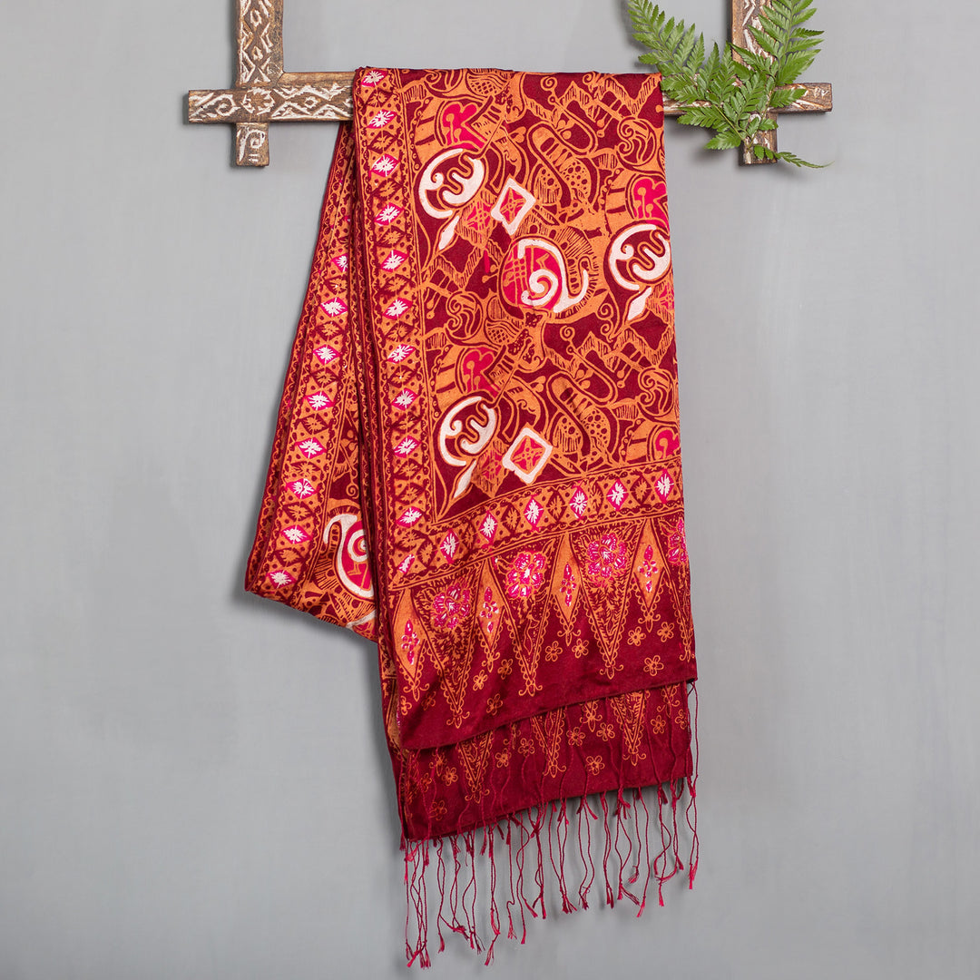 Handmade Silk Batik Shawl  - Red Modern Art