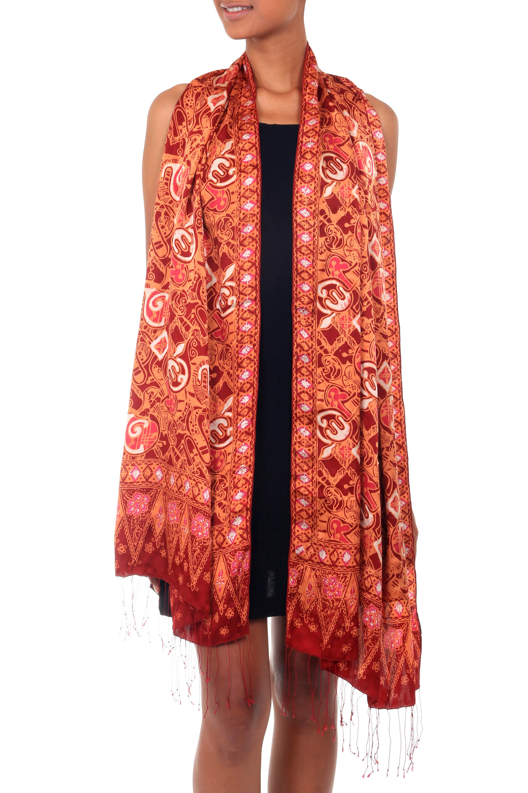 Handmade Silk Batik Shawl  - Red Modern Art