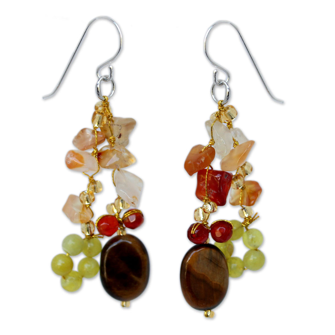 Hand Crafted Tiger's Eye and Quartz Cluster Earrings - Thai Autumn