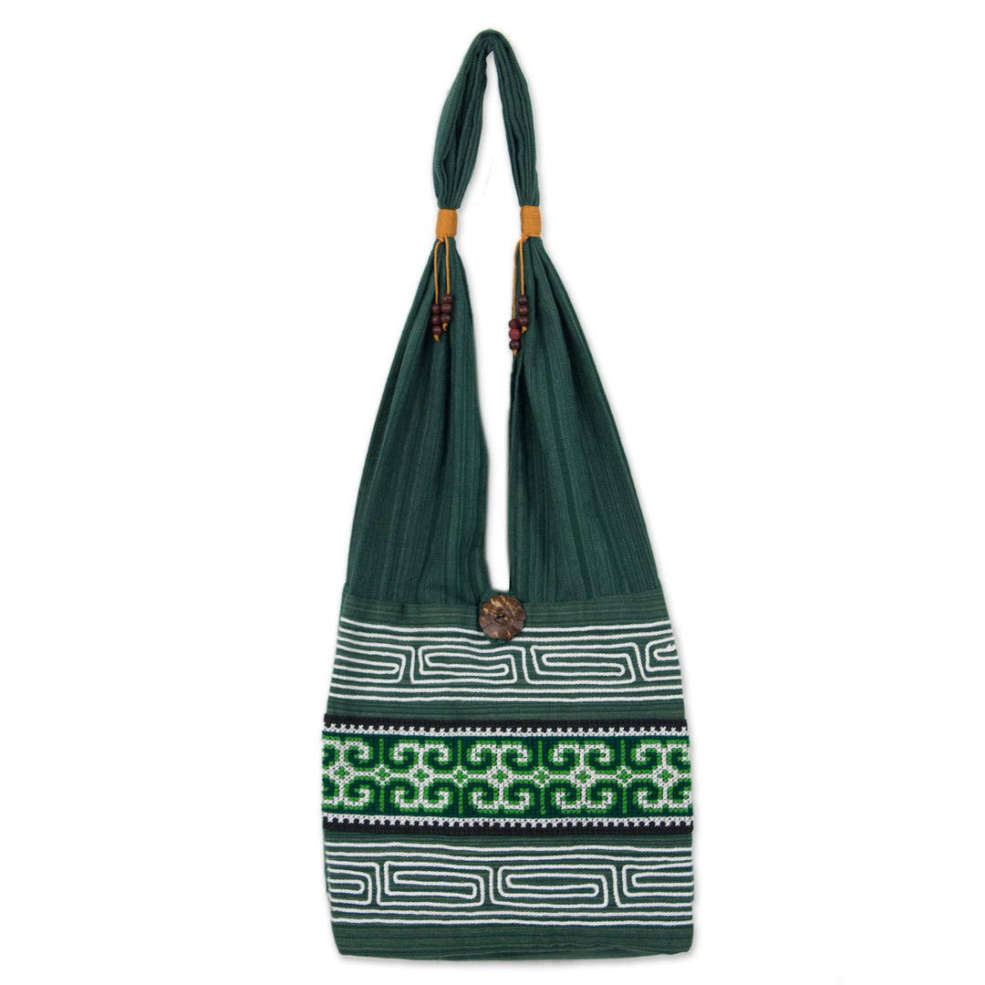 Green Embroidered Shoulder Bag from Thailand - Lanna Forest