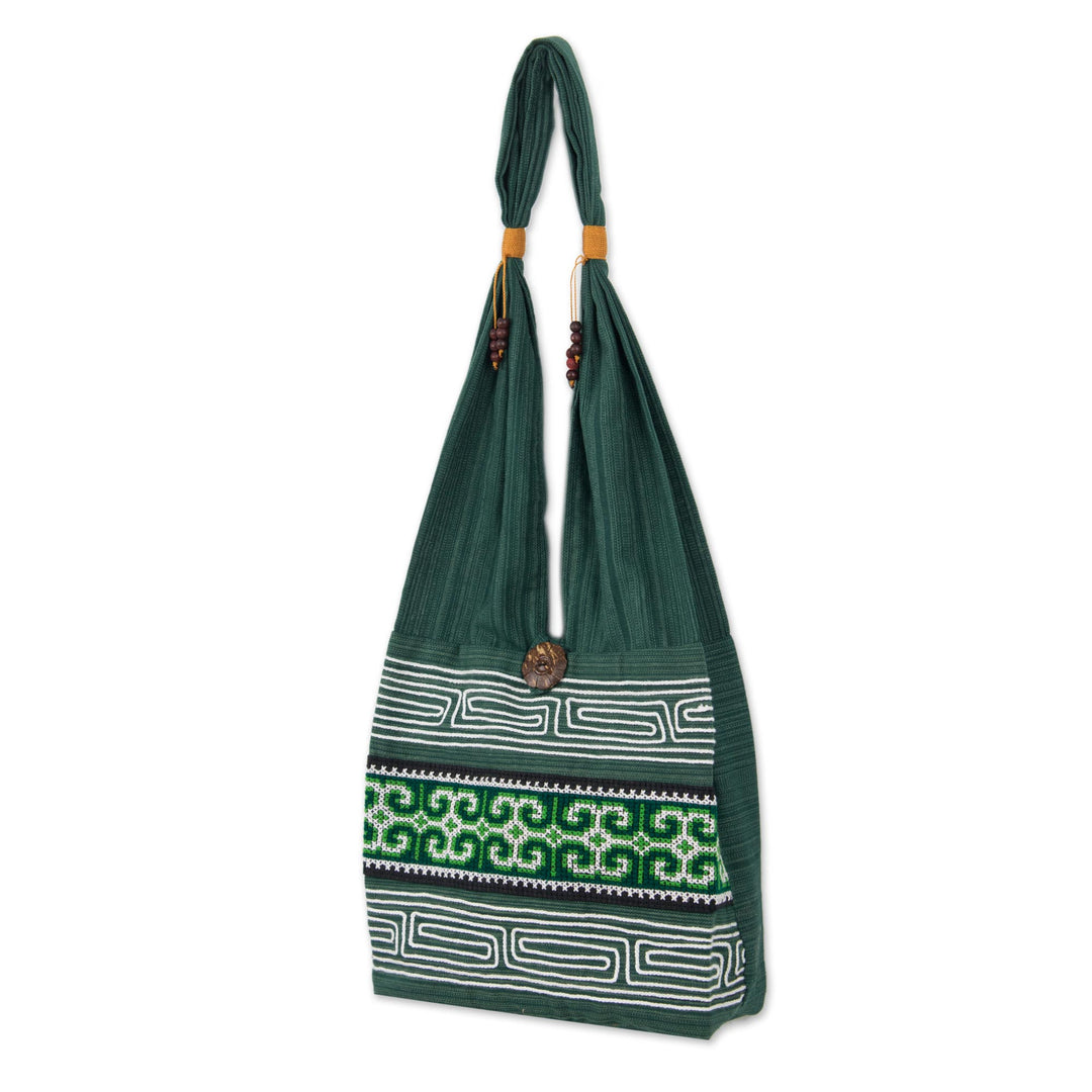 Green Embroidered Shoulder Bag from Thailand - Lanna Forest