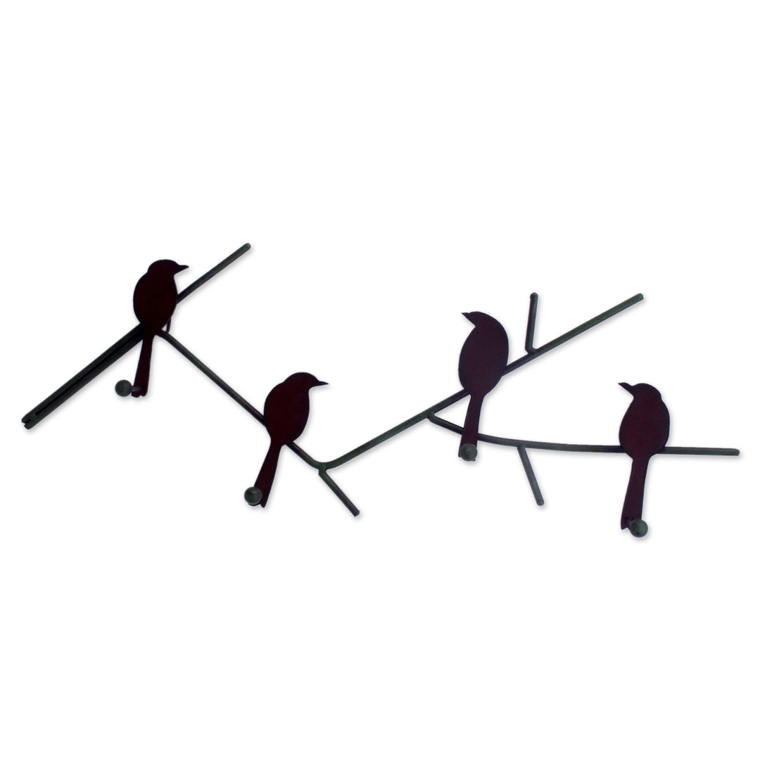 Unique Steel Bird Coat and Key Holder - Birds on Winter Wood