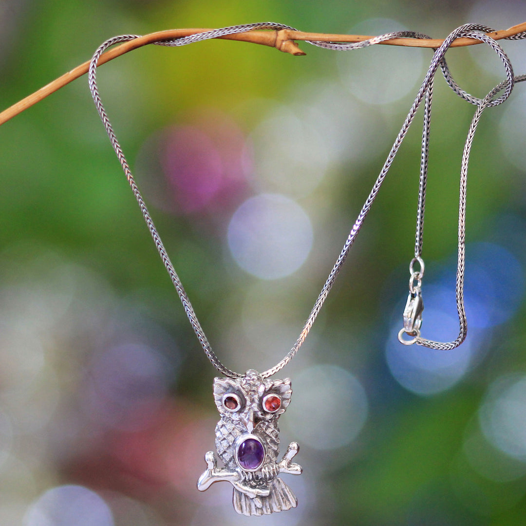 Sterling Silver and Amethyst Pendant Necklace - Wise Owl