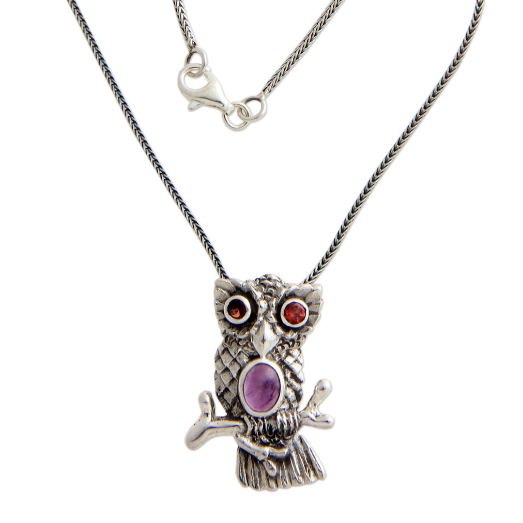 Sterling Silver and Amethyst Pendant Necklace - Wise Owl