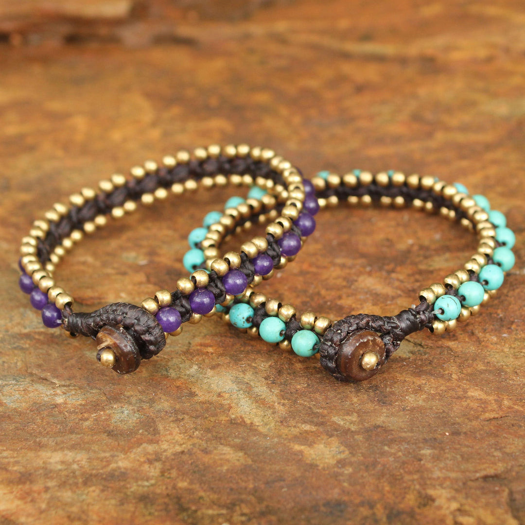 Hand Made Quartz and Resin Beaded Bracelets (Pair) - Blue Purple Aryuveda