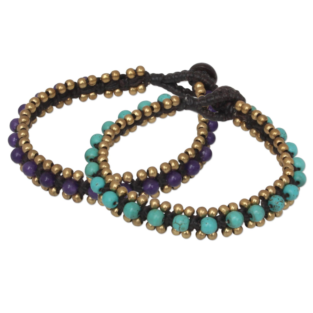 Hand Made Quartz and Resin Beaded Bracelets (Pair) - Blue Purple Aryuveda