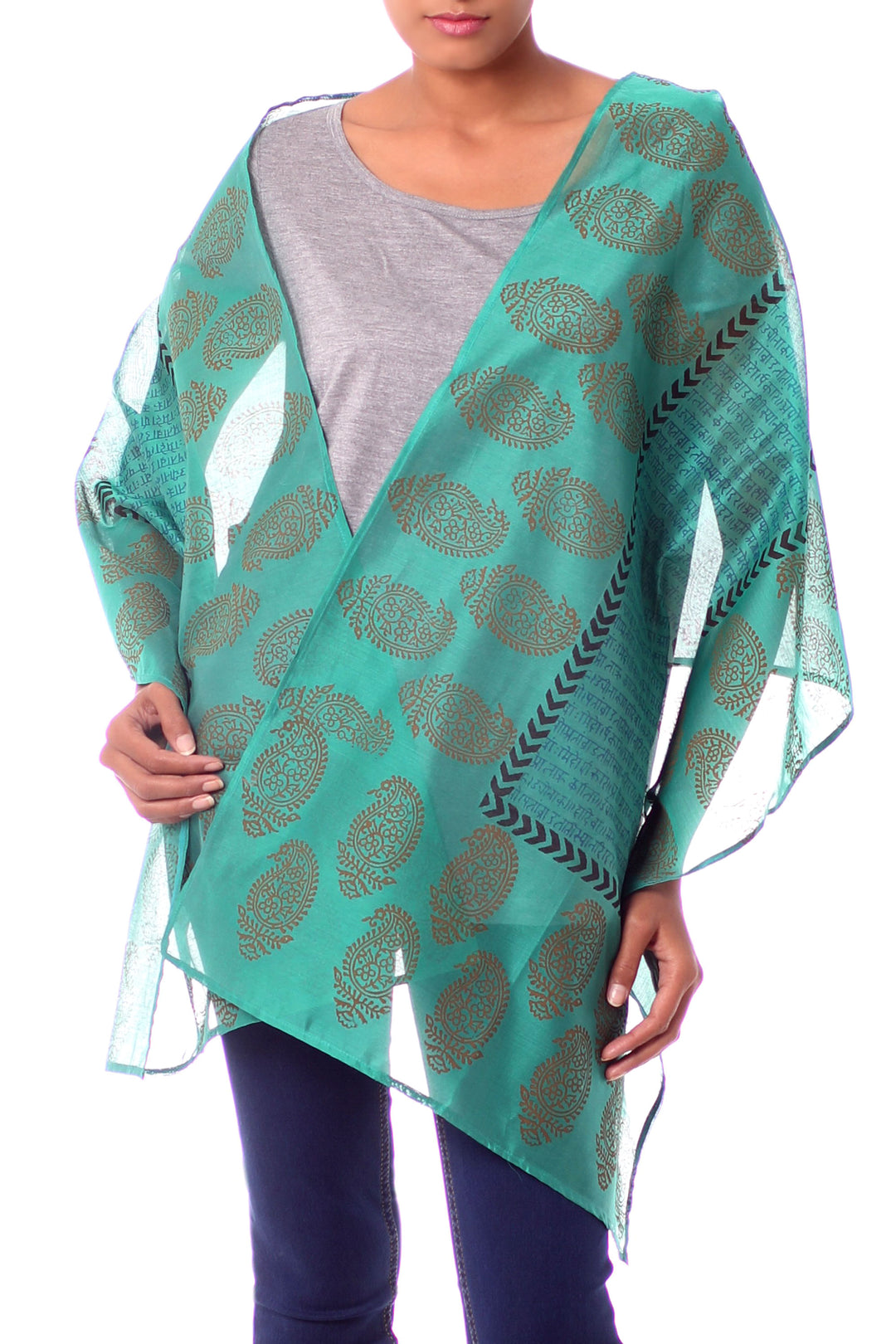 India Paisley Cotton Silk Shawl Block Print Wrap - Story in Turquoise