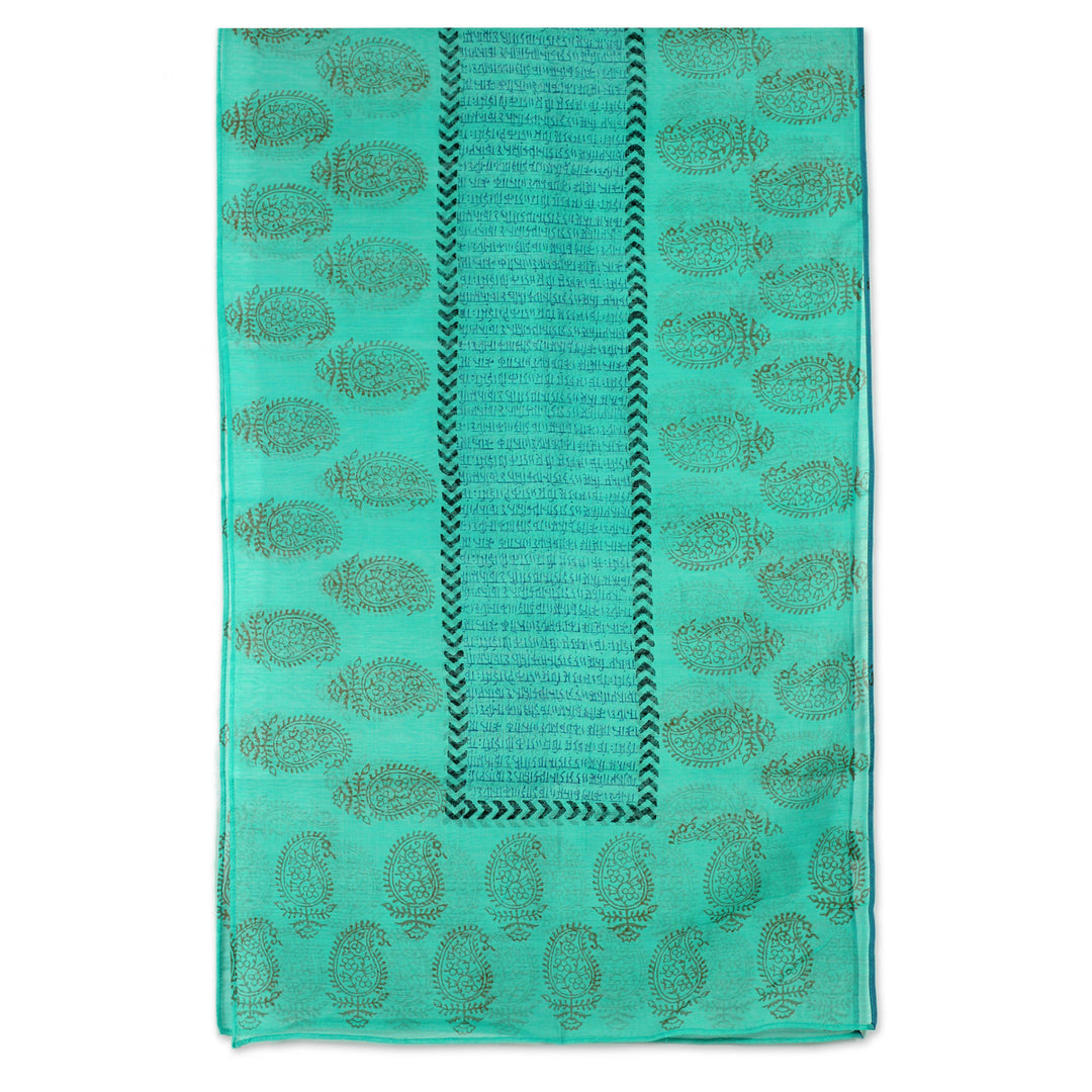 India Paisley Cotton Silk Shawl Block Print Wrap - Story in Turquoise