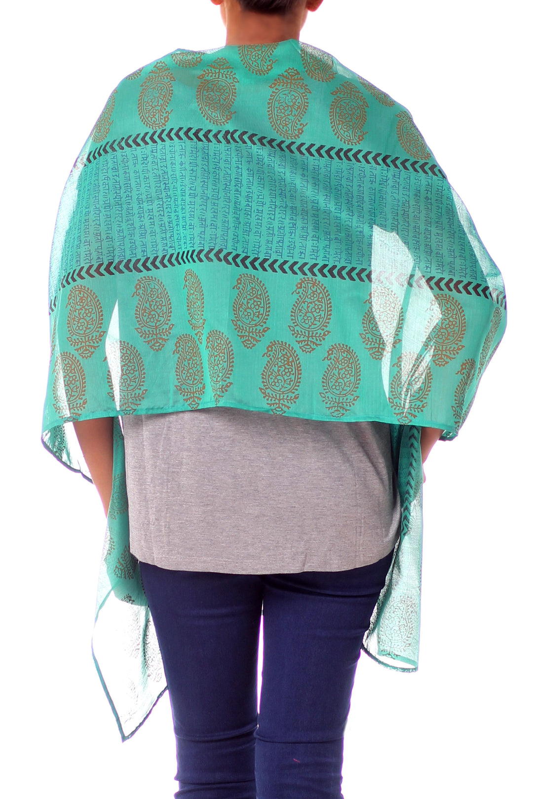 India Paisley Cotton Silk Shawl Block Print Wrap - Story in Turquoise