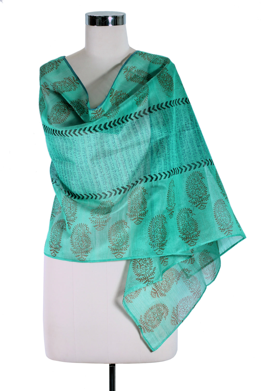India Paisley Cotton Silk Shawl Block Print Wrap - Story in Turquoise