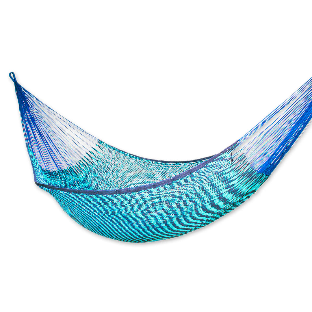 Fair Trade Blue Cotton Striped Rope Hammock (Double) - Riviera Sapphire