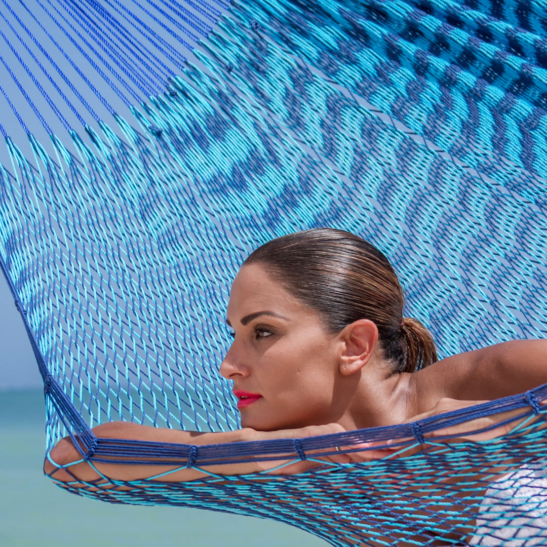 Fair Trade Blue Cotton Striped Rope Hammock (Double) - Riviera Sapphire