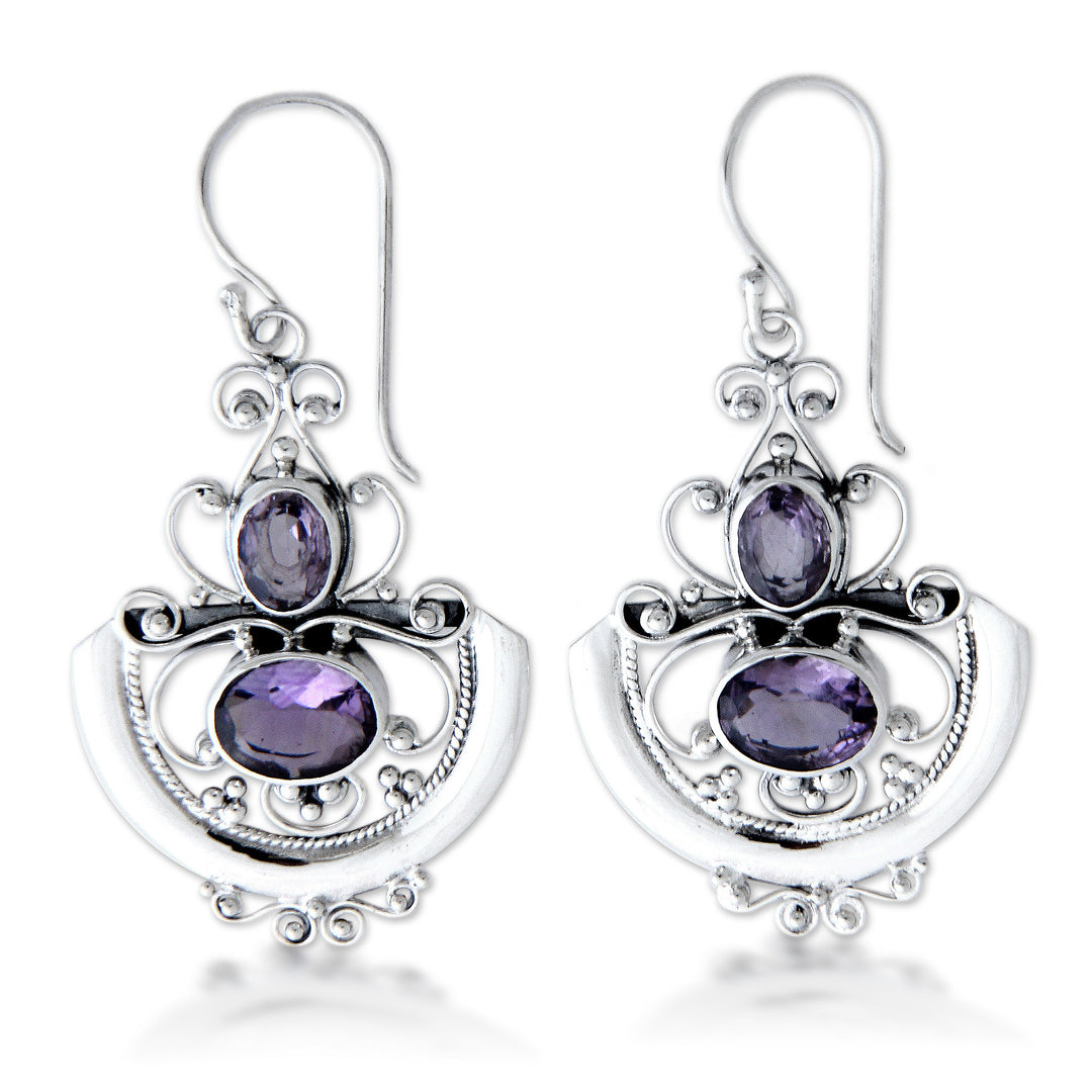 Sterling Silver and Amethyst Dangle Earrings - Balinese Goddess