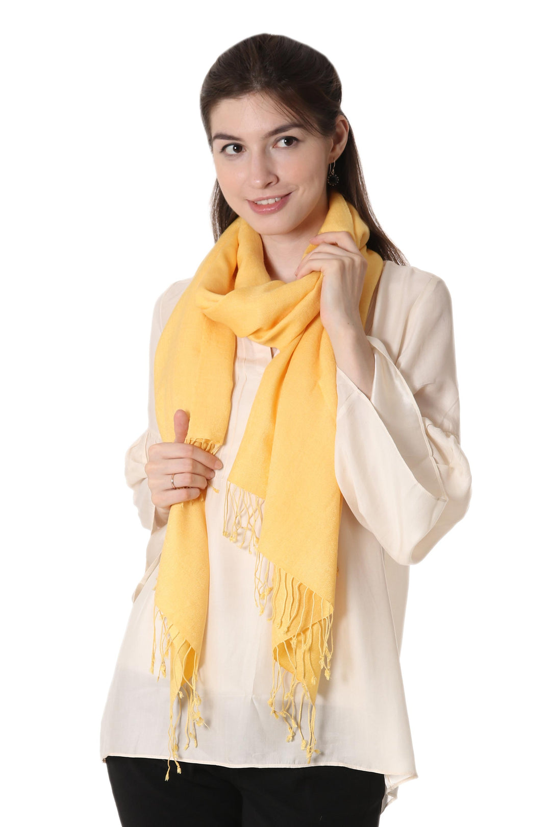 Woven Wool and Silk Blend Shawl in Maize from India - Yellow Fanfare