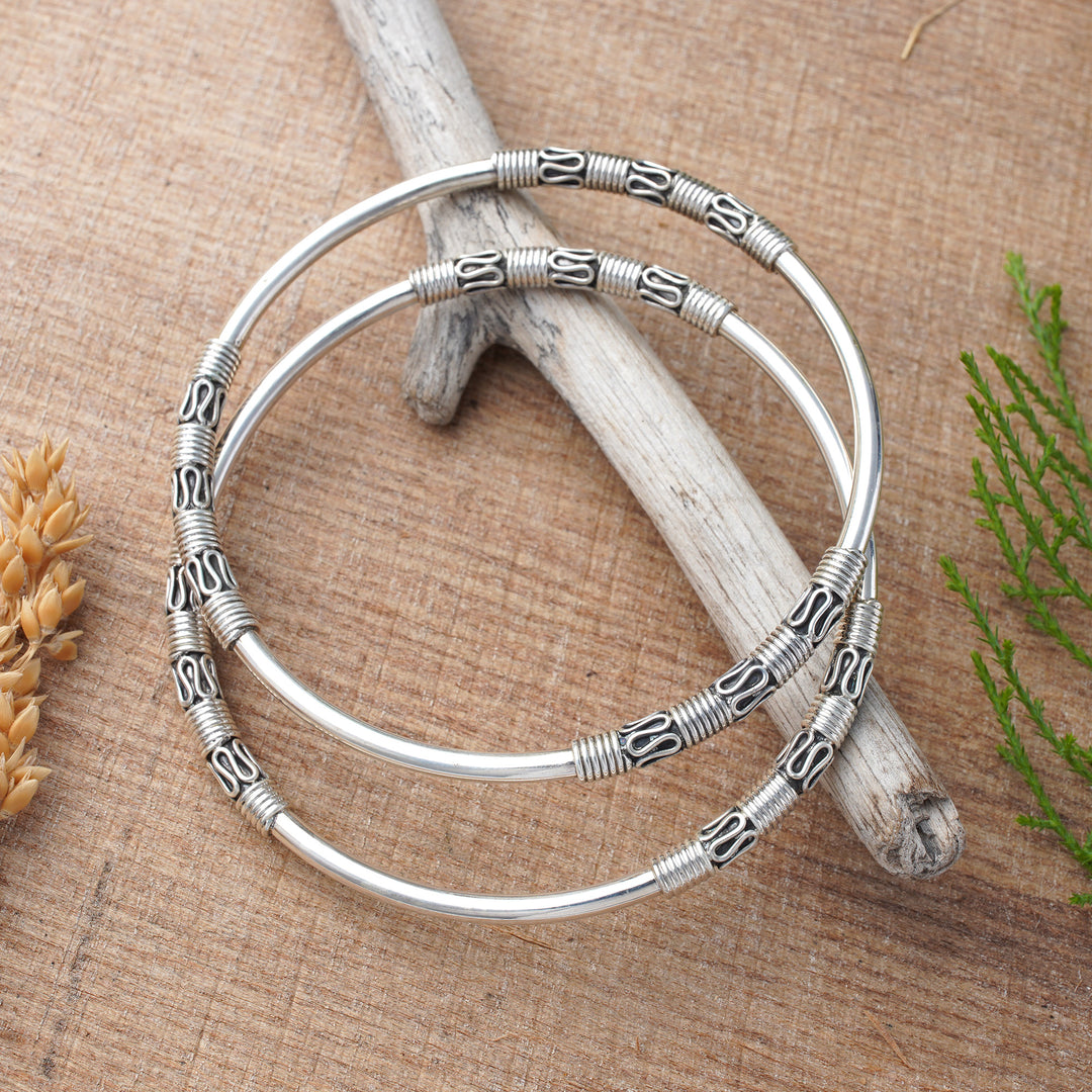Artisan Crafted Sterling Silver Bangle Bracelets (Pair) - Secrets