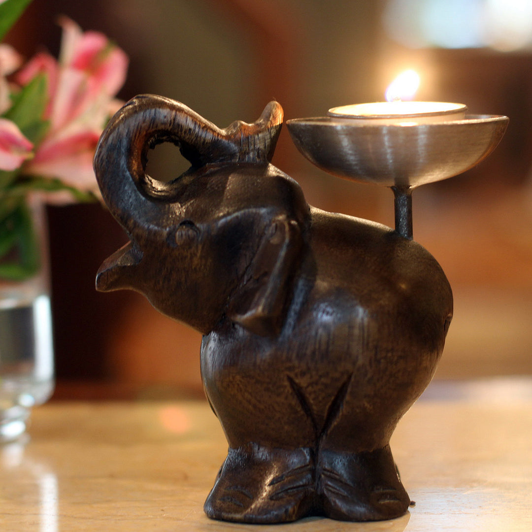 Fair Trade Mango Wood Candle Holder - Elephant of Old Siam