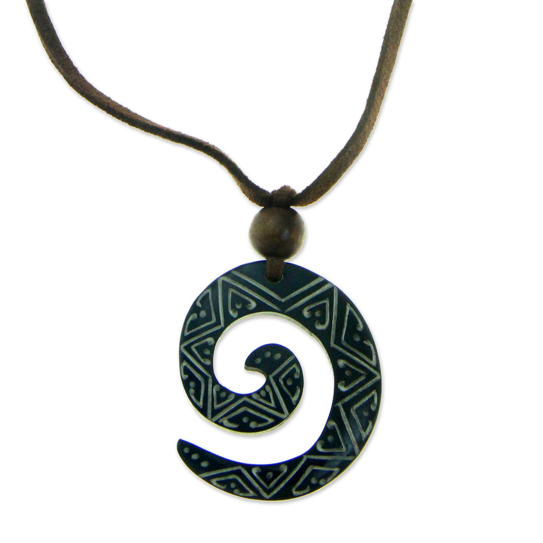 Cow Bone and Wood Pendant Necklace - Spiraling Star