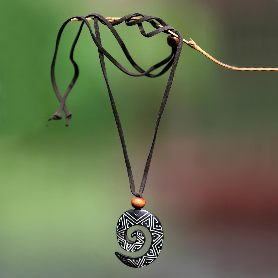 Cow Bone and Wood Pendant Necklace - Spiraling Star