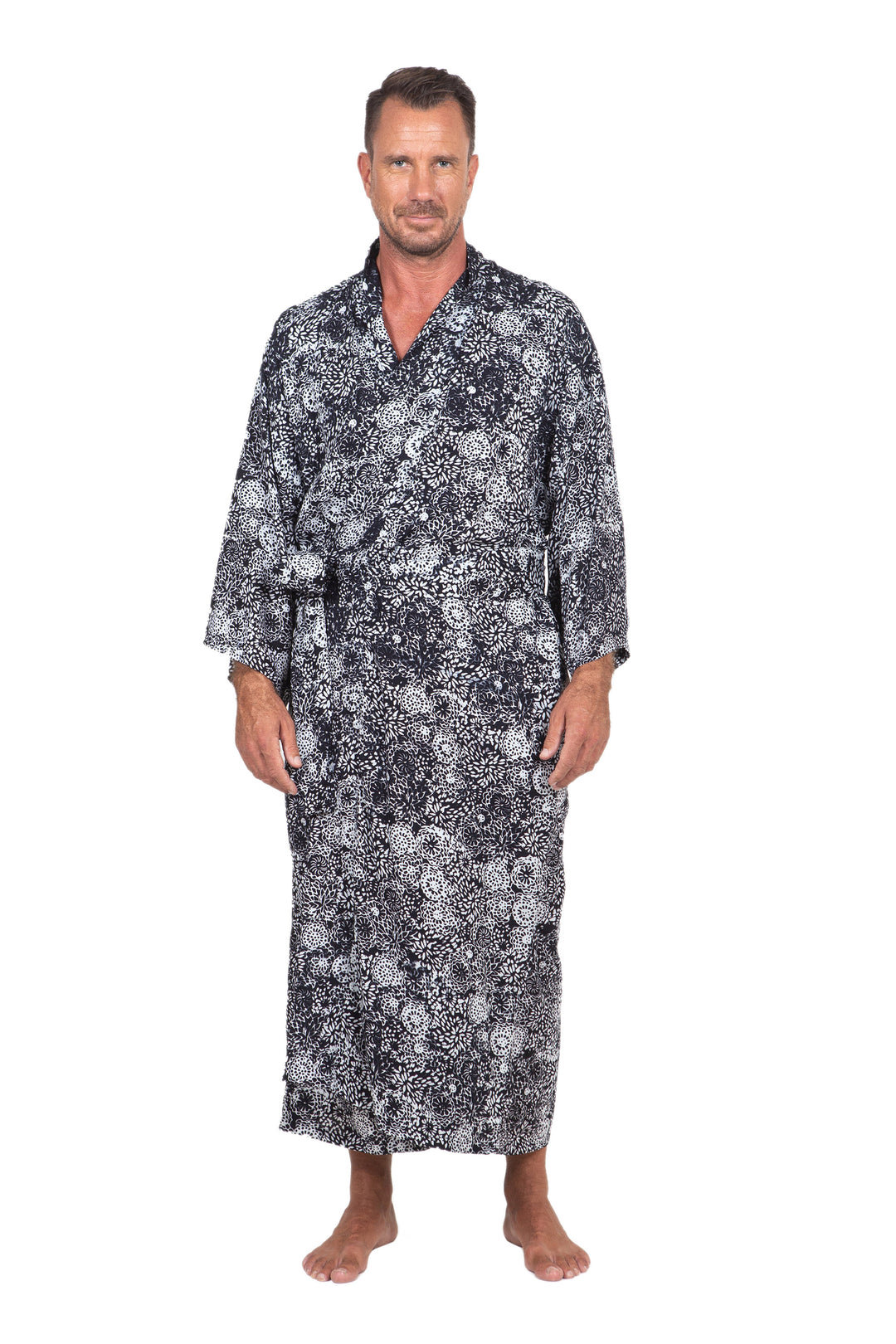 Men's Black Batik Patterned Robe - Midnight Stars