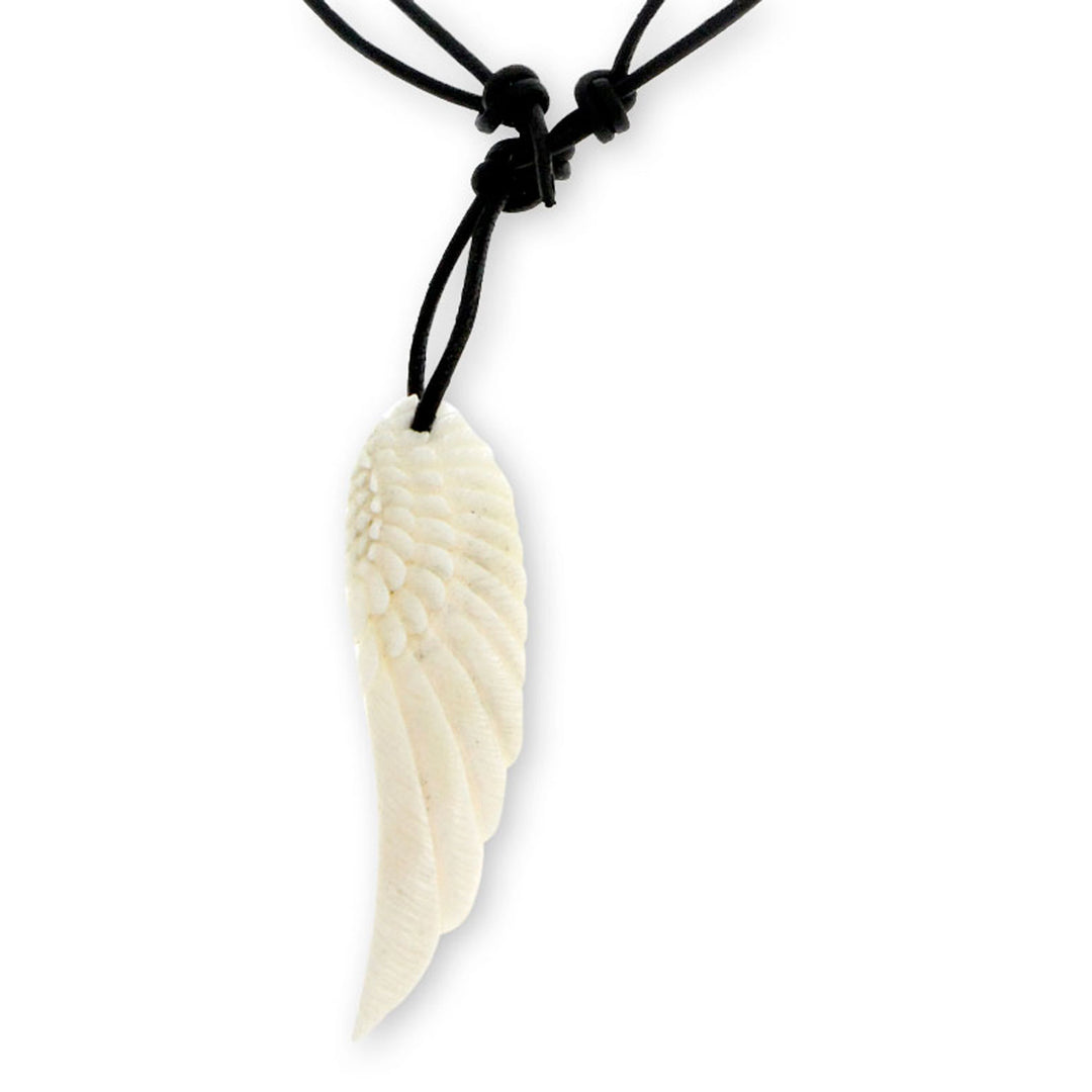 Hand Carved Angel Wing Men's  Necklace  on Black Leather - Angel Wing