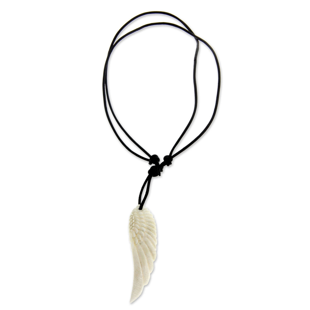 Hand Carved Angel Wing Men's  Necklace  on Black Leather - Angel Wing