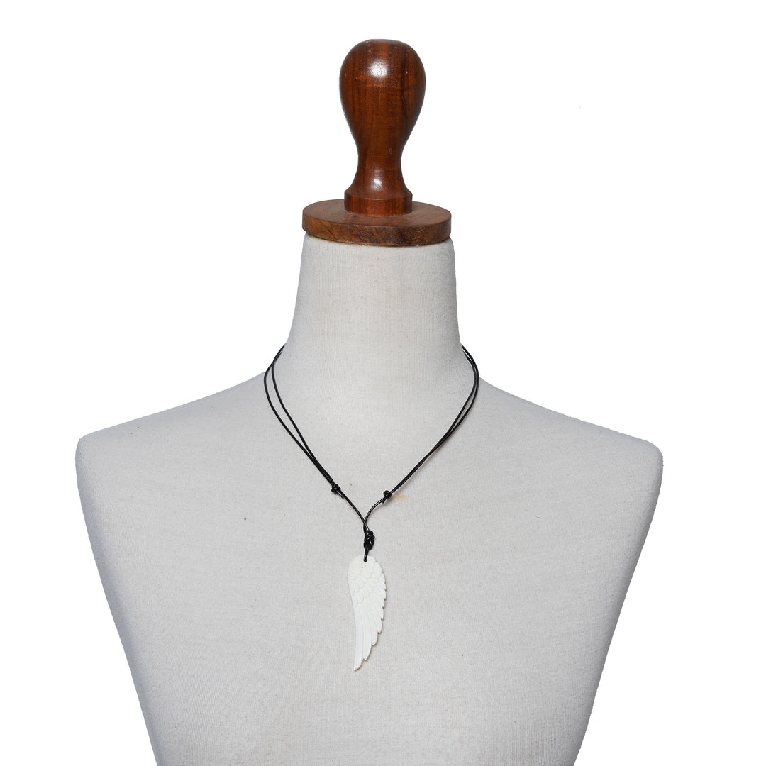 Hand Carved Angel Wing Men's  Necklace  on Black Leather - Angel Wing