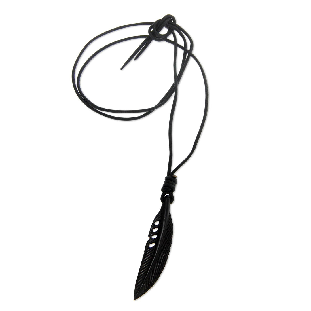 Hand Carved Horn Necklace on Leather Cords - Crow Feather Totem