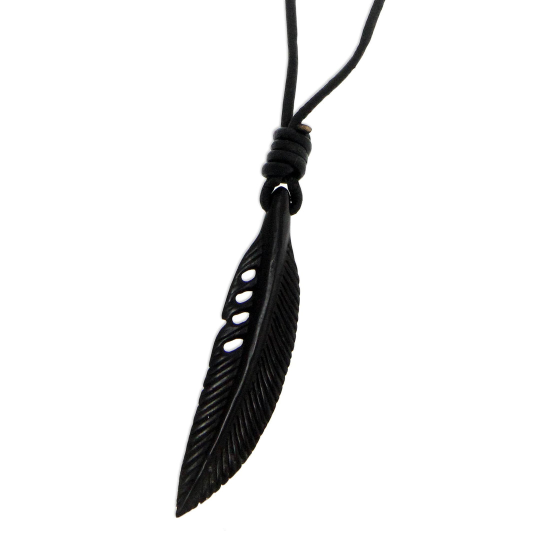Hand Carved Horn Necklace on Leather Cords - Crow Feather Totem