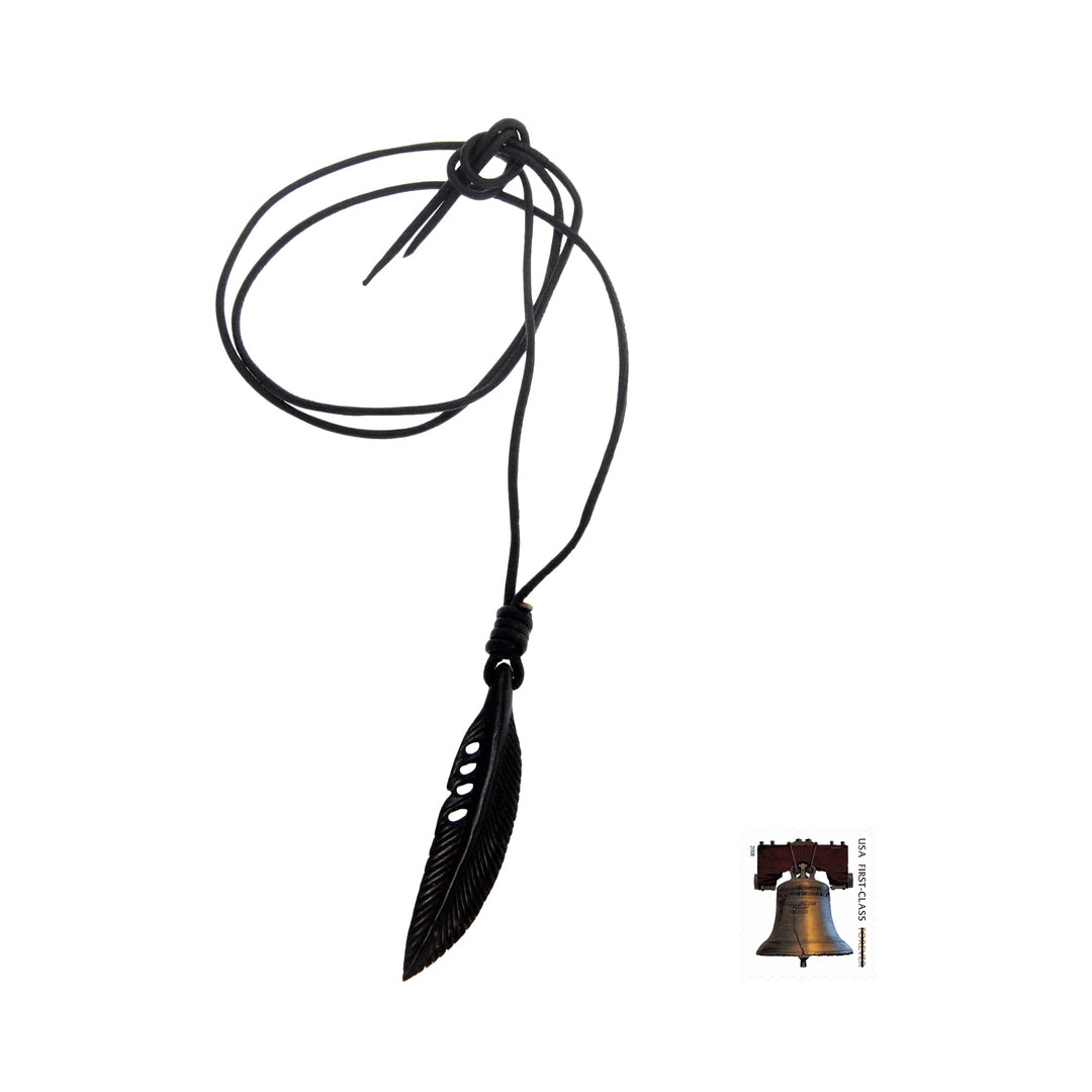 Hand Carved Horn Necklace on Leather Cords - Crow Feather Totem