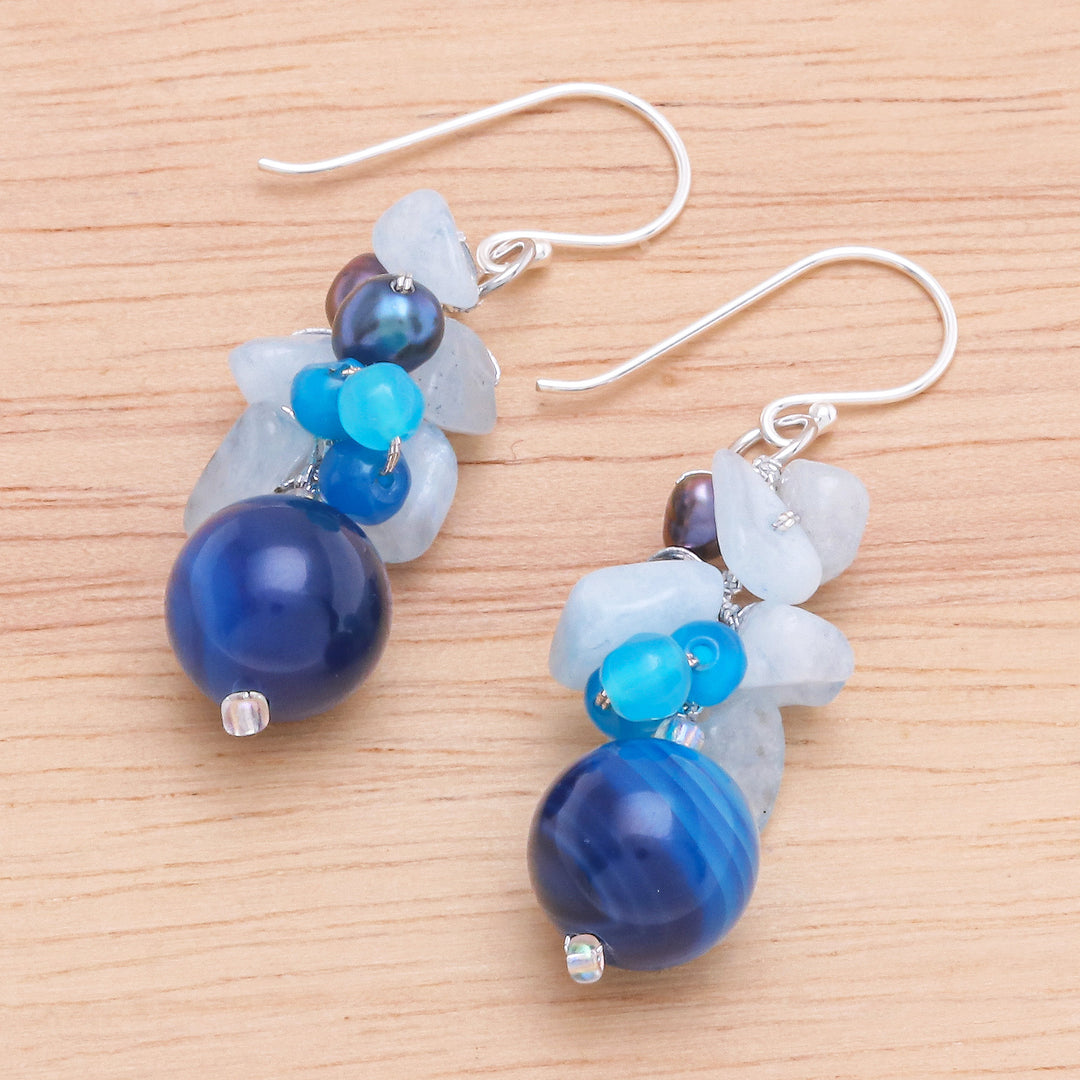 Unique Pearl and Aquamarine Cluster Earrings - Blue Love