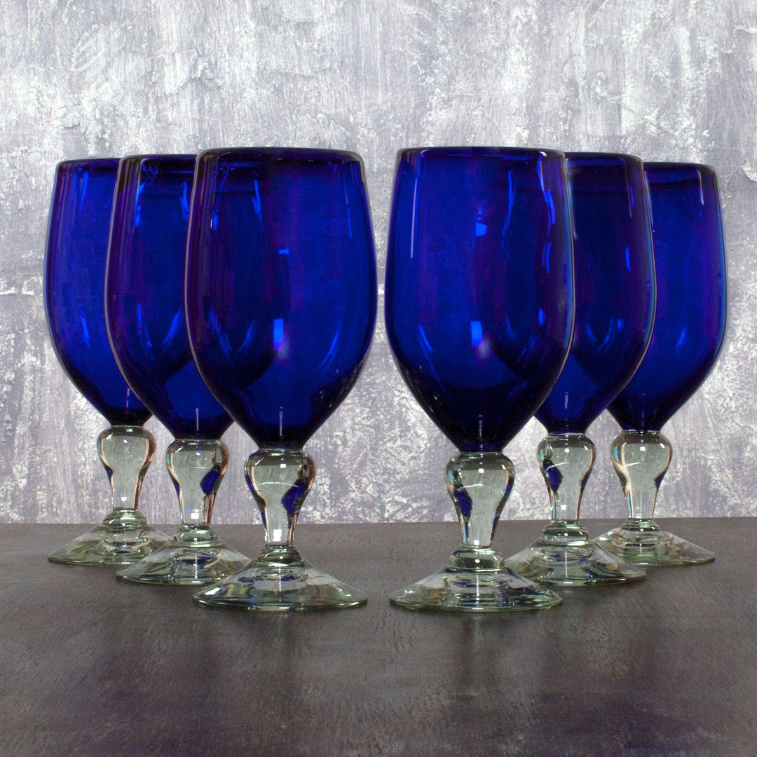 Hand Blown Glass Goblets Set of 6 Cobalt Blue Mexico - Night Sky