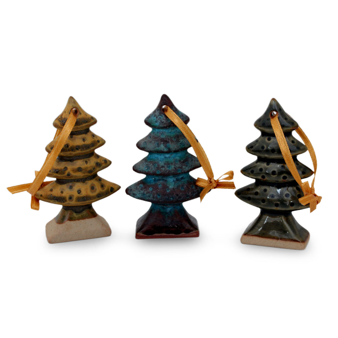 Celadon ceramic Christmas ornaments (Set of 3) - Winter Pines