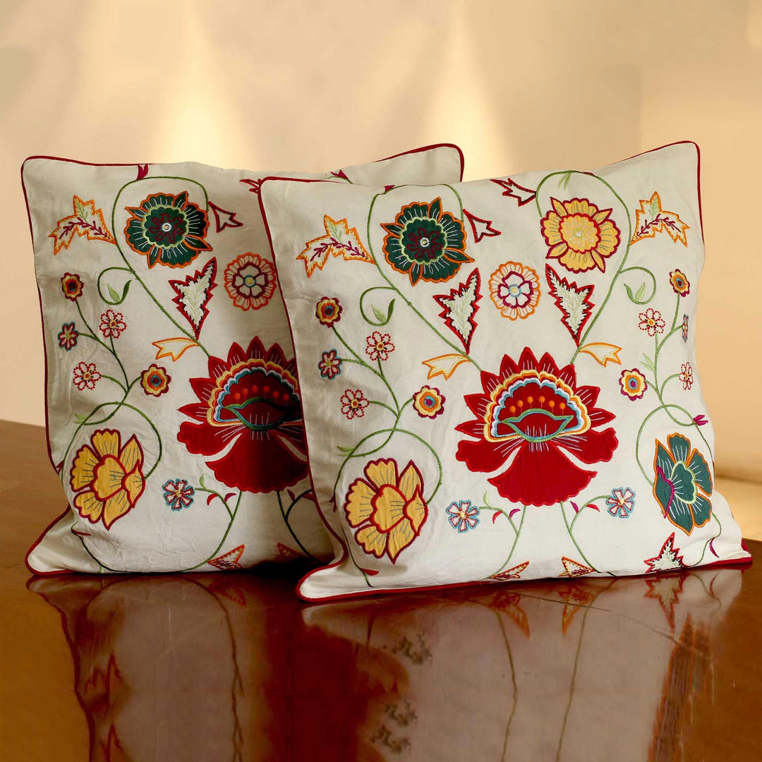 Embroidered Cotton Cushion Covers from India (Pair) - Eternal Spring