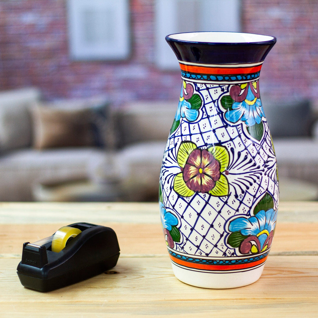 Floral Ceramic Vase Handmade Mexican Folk Art - Guanajuato Flora