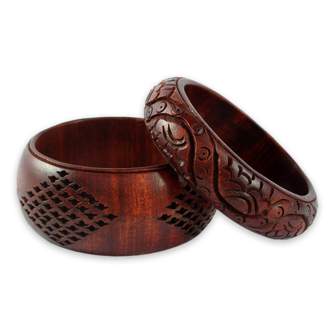 Artisan Crafted Floral Mango Wood Bangle Bracelets (Pair) - India Romance
