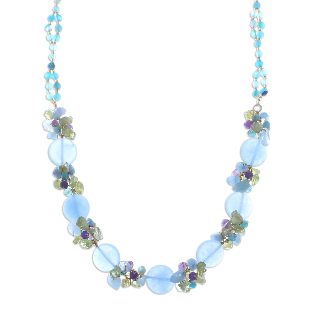 Artisan Crafted Beaded Aquamarine and Agate Necklace - Light Blue Peonies