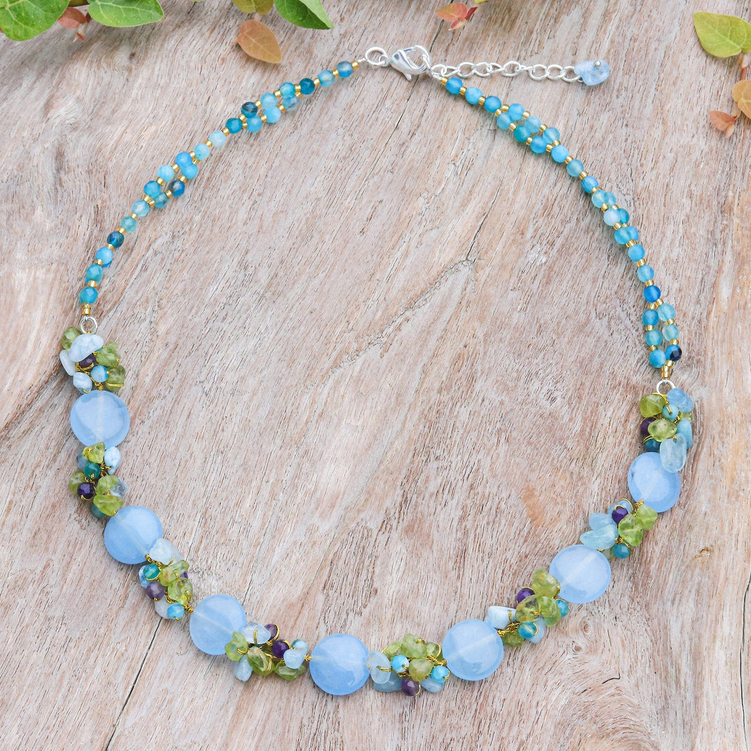 Artisan Crafted Beaded Aquamarine and Agate Necklace - Light Blue Peonies