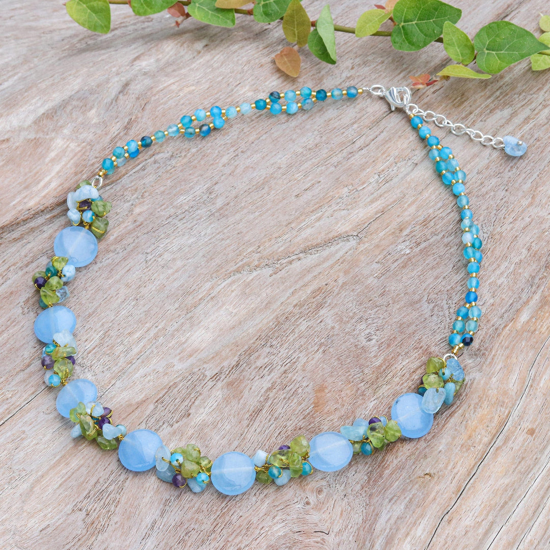Artisan Crafted Beaded Aquamarine and Agate Necklace - Light Blue Peonies