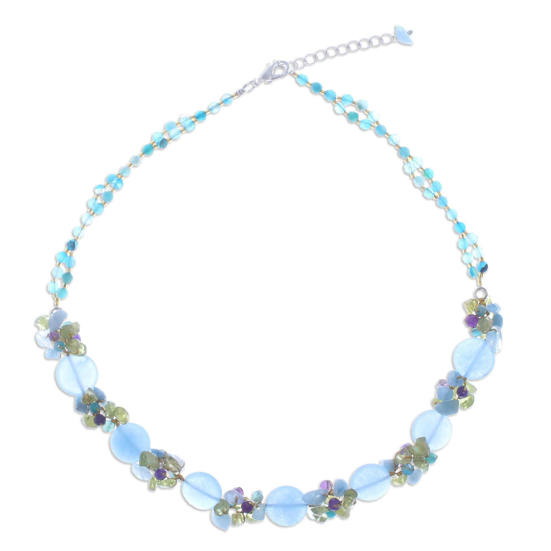 Artisan Crafted Beaded Aquamarine and Agate Necklace - Light Blue Peonies